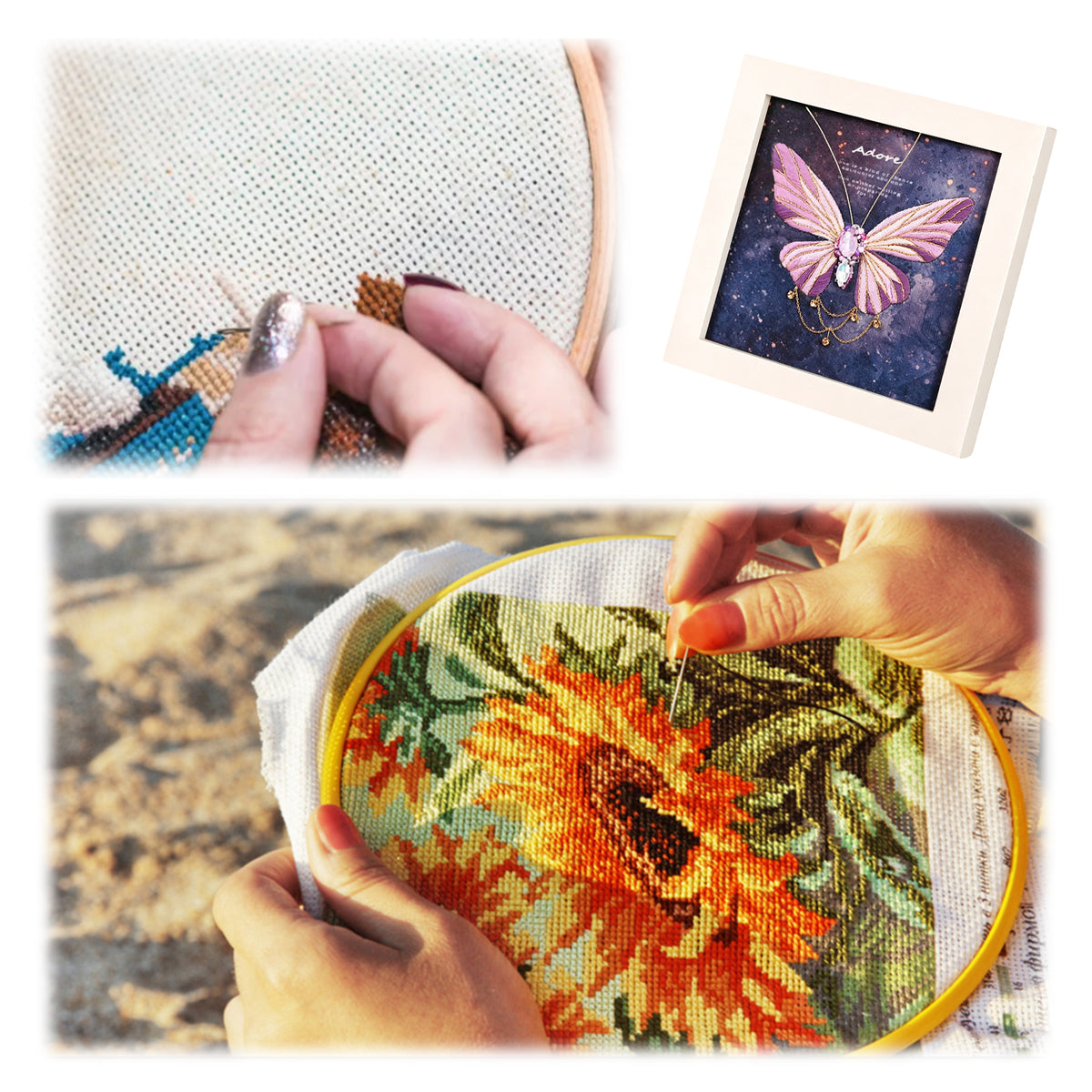 Beginners Needlepoint Kits with Tools Complete DIY Wall Decor Set Multi Purpose Handmade Creative Project for DIY Gift&Group Activity (Purple Papillon White Frame)