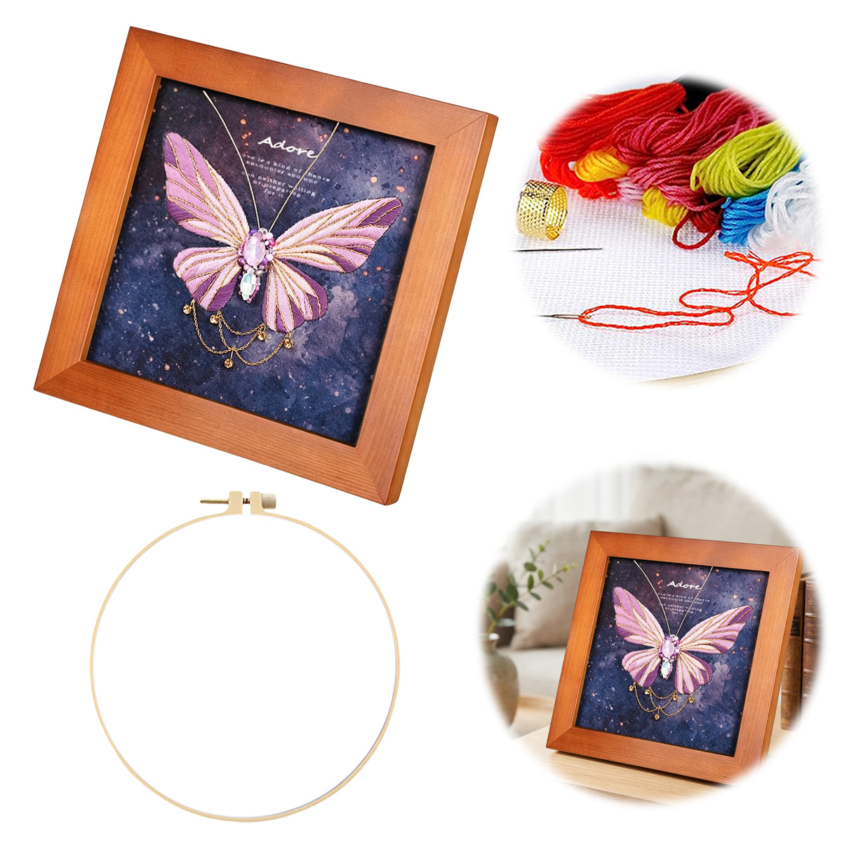 Beginners Needlepoint Kits with Tools Complete DIY Wall Decor Set Multi Purpose Handmade Creative Project for DIY Gift&Group Activity (Purple Papillon Brown Frame)