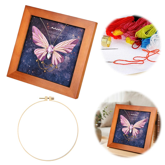 Beginners Needlepoint Kits with Tools Complete DIY Wall Decor Set Multi Purpose Handmade Creative Project for DIY Gift&Group Activity (Purple Papillon Brown Frame)