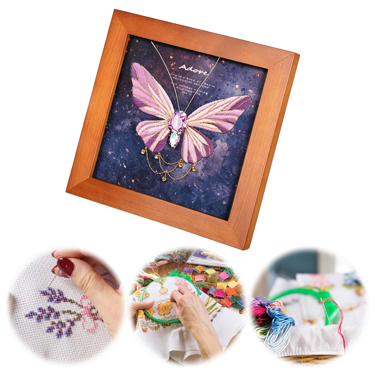 Beginners Needlepoint Kits with Tools Complete DIY Wall Decor Set Multi Purpose Handmade Creative Project for DIY Gift&Group Activity (Purple Papillon Brown Frame)