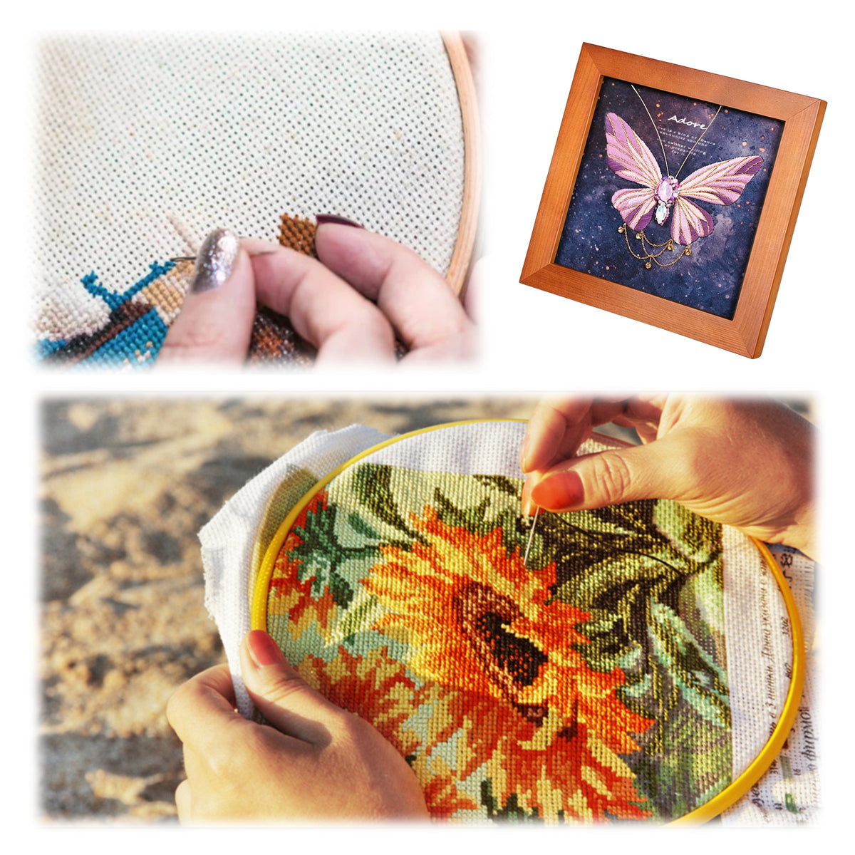 Beginners Needlepoint Kits with Tools Complete DIY Wall Decor Set Multi Purpose Handmade Creative Project for DIY Gift&Group Activity (Purple Papillon Brown Frame)
