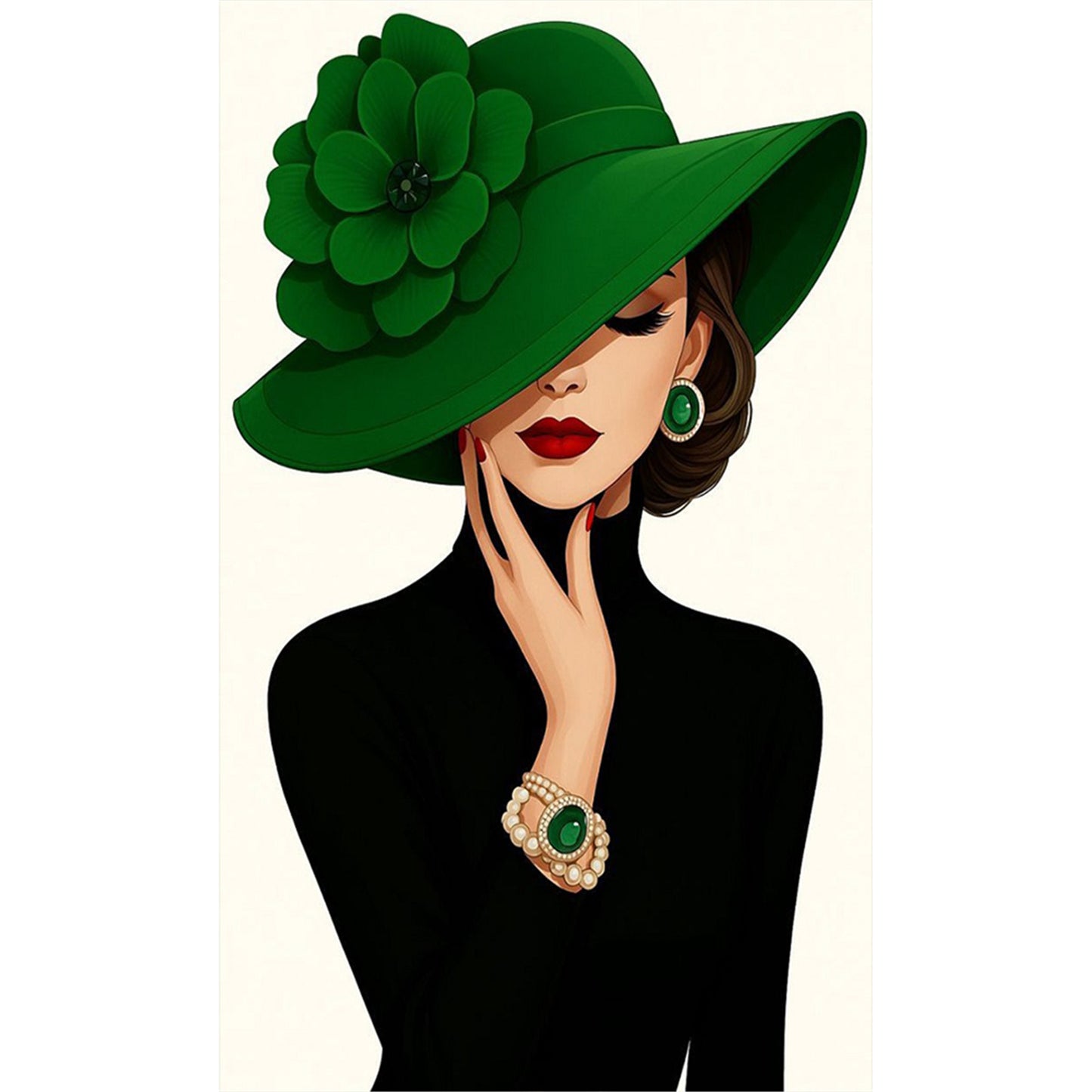 Green Hat Elegant Lady - Full 11CT Stamped Cross Stitch 30x50CM - Huacan