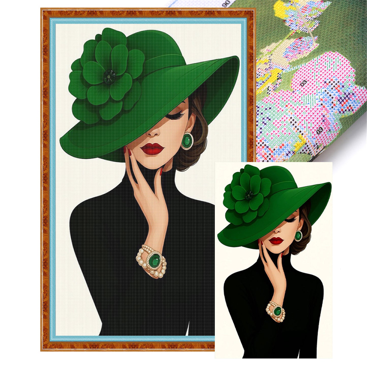 Green Hat Elegant Lady - Full 11CT Stamped Cross Stitch 30x50CM - Huacan