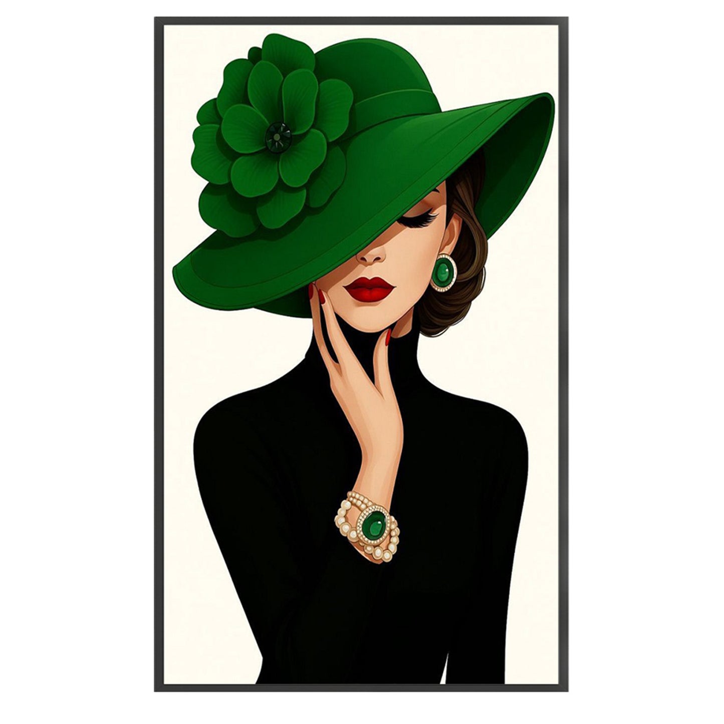 Green Hat Elegant Lady - Full 11CT Stamped Cross Stitch 30x50CM - Huacan