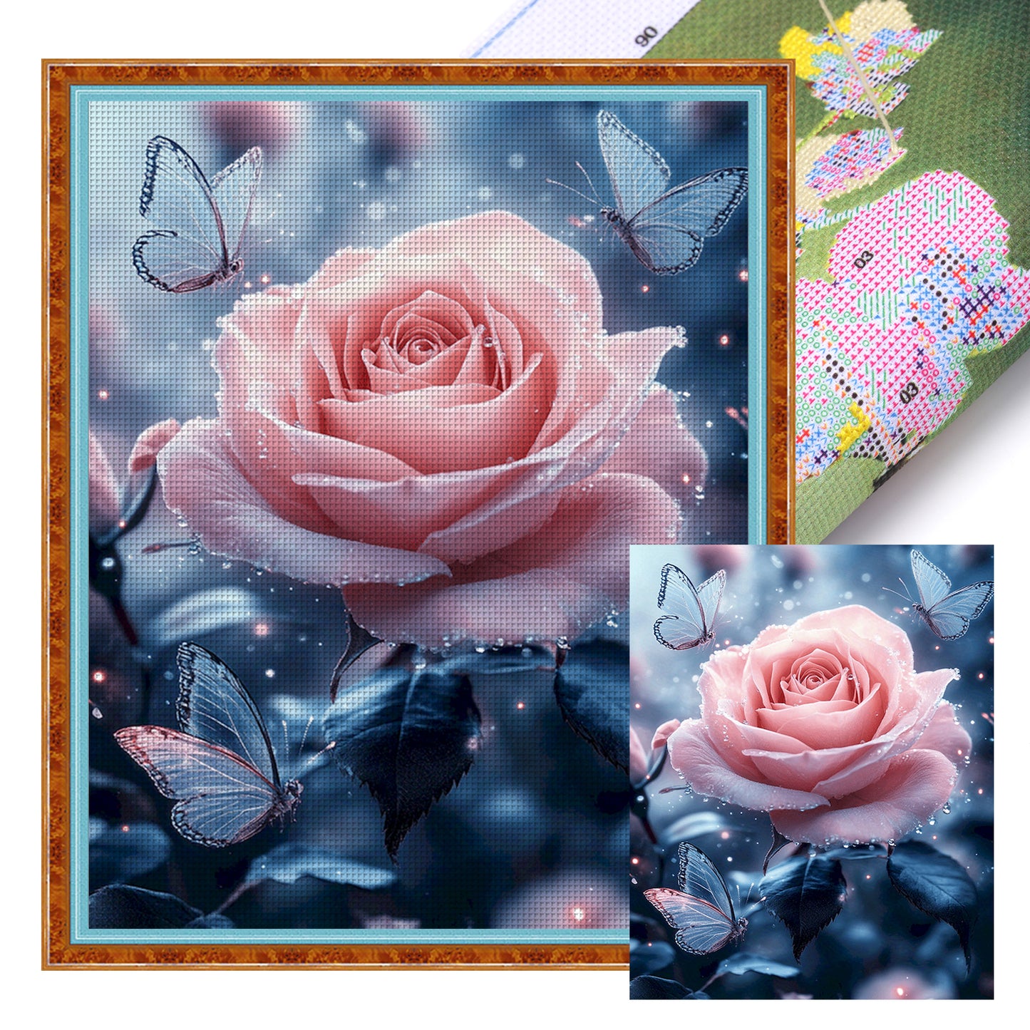 Pink Rose Butterflies - Full 11CT Stamped Cross Stitch 40x50CM - Huacan