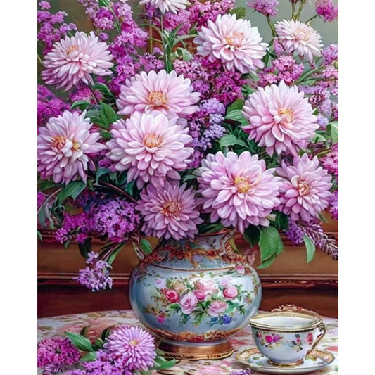 Purple Dahlia Vase - Full 11CT Stamped Cross Stitch 40x50CM - Huacan