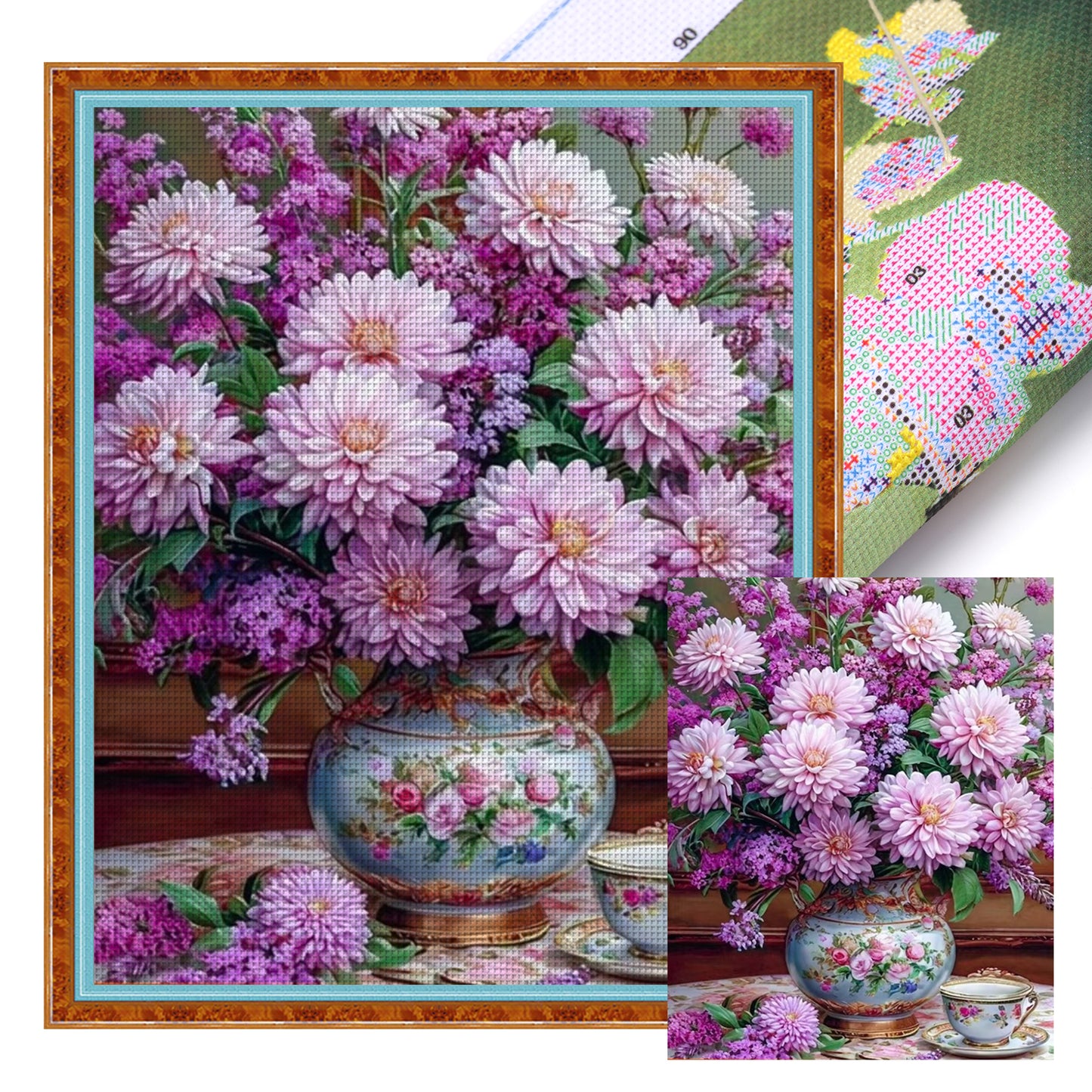 Purple Dahlia Vase - Full 11CT Stamped Cross Stitch 40x50CM - Huacan