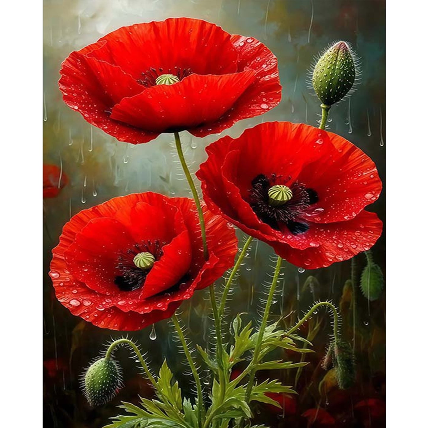 Red Poppy Tri - Full 11CT Stamped Cross Stitch 40x50CM - Huacan