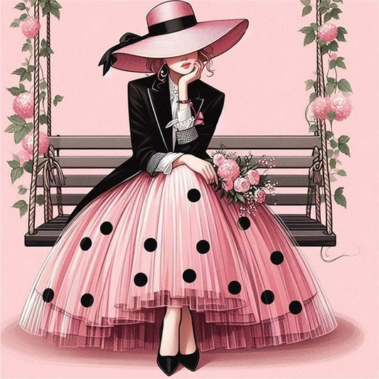 Pink Polka Dot Lady - Full 11CT Stamped Cross Stitch 40x40CM - Huacan