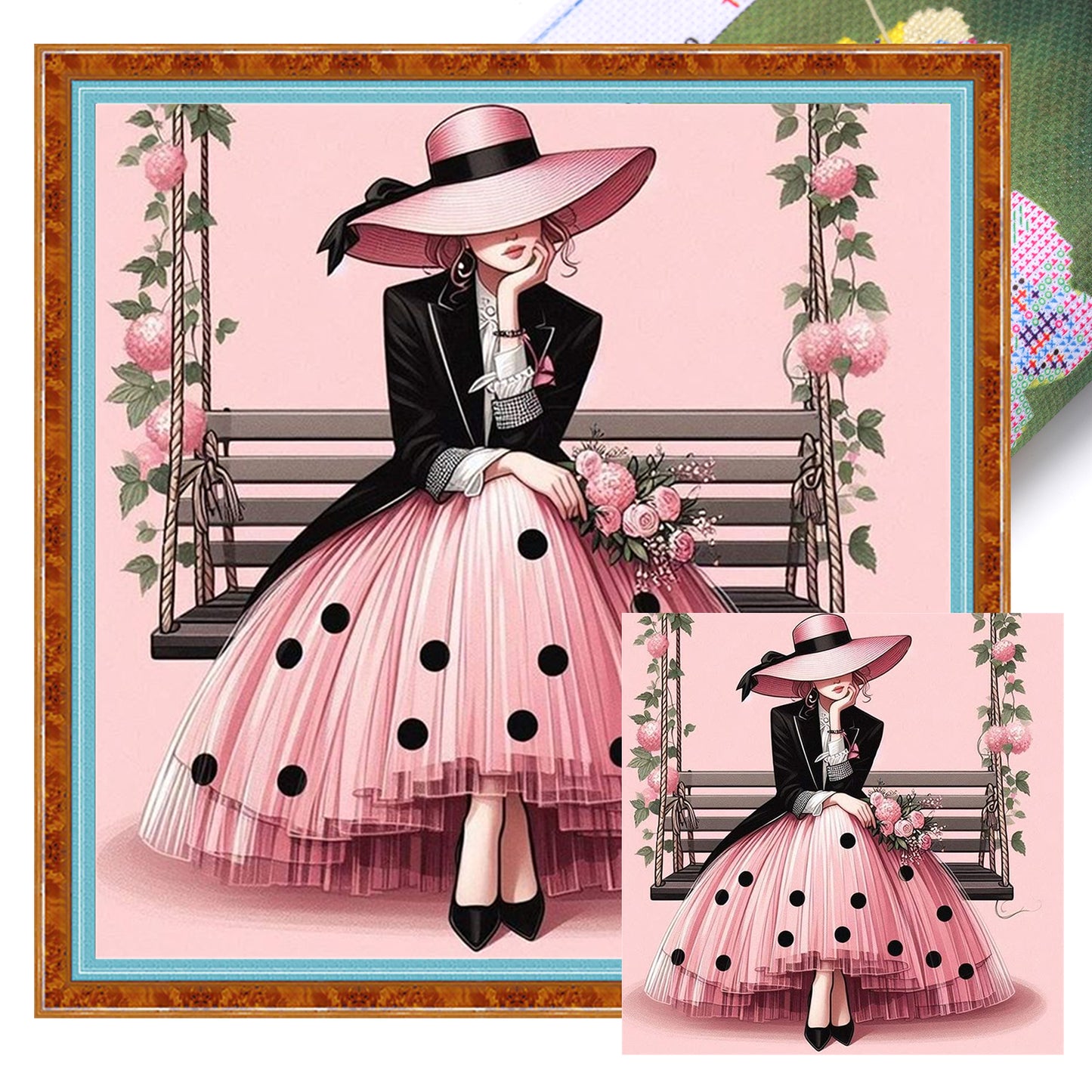 Pink Polka Dot Lady - Full 11CT Stamped Cross Stitch 40x40CM - Huacan