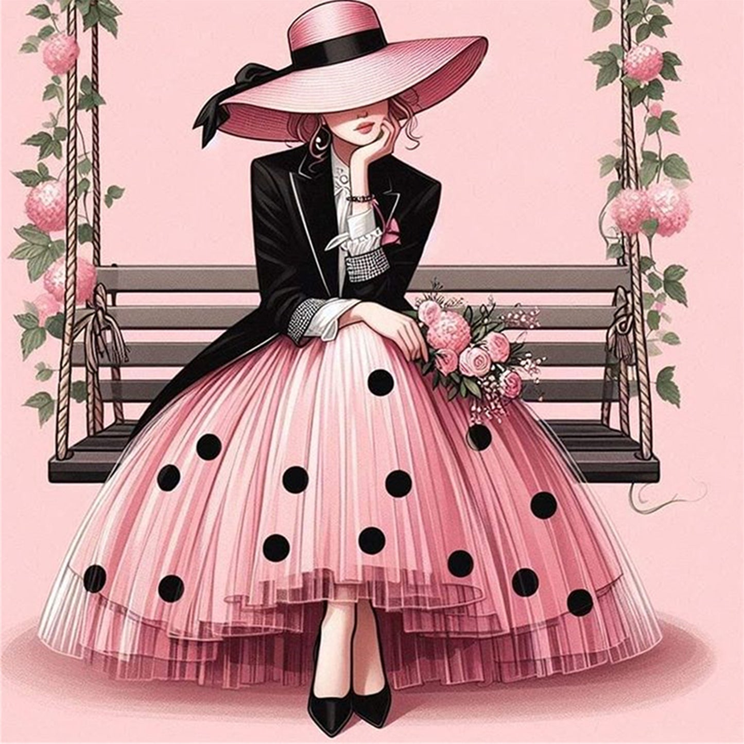 Pink Polka Dot Lady - Full 11CT Stamped Cross Stitch 40x40CM - Huacan