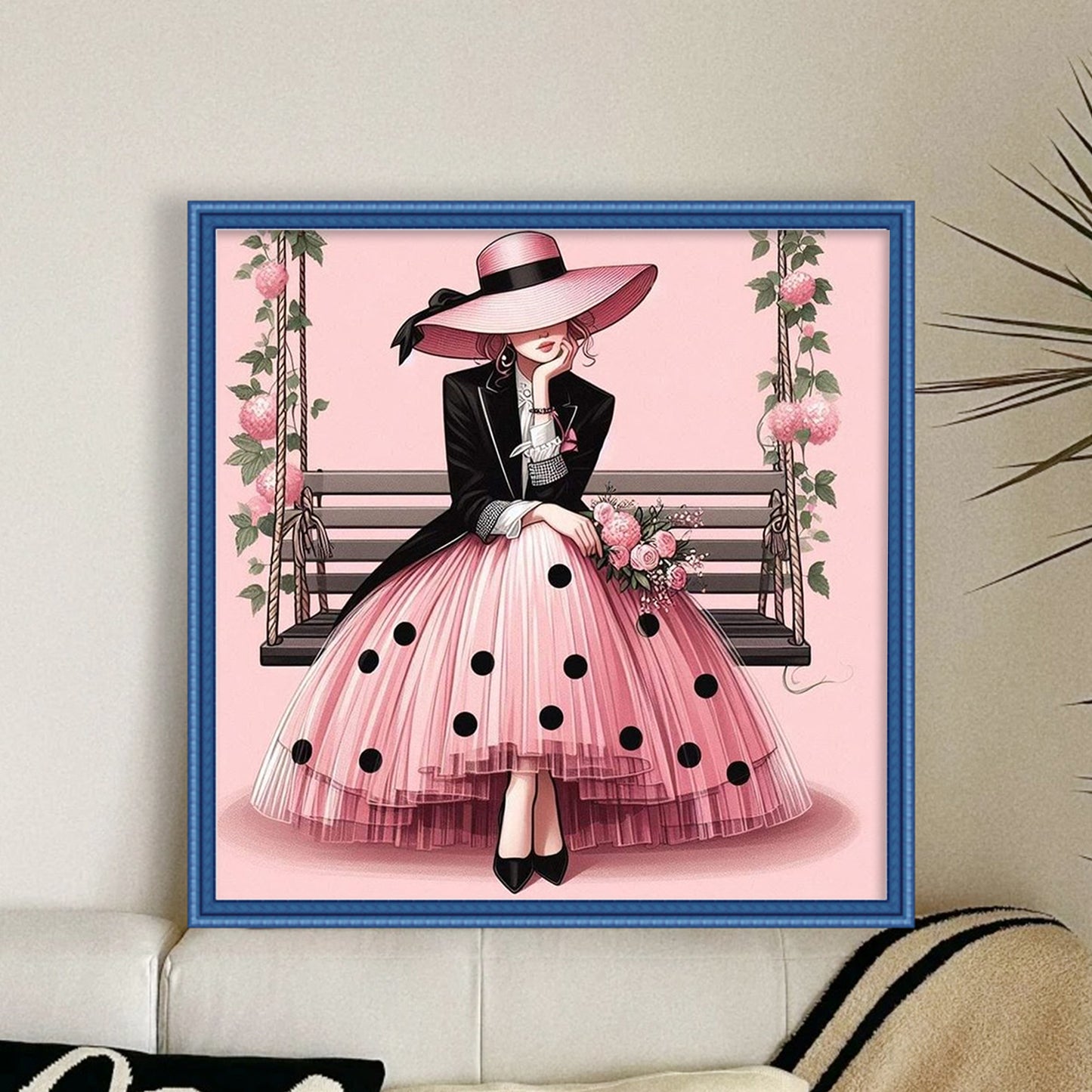 Pink Polka Dot Lady - Full 11CT Stamped Cross Stitch 40x40CM - Huacan