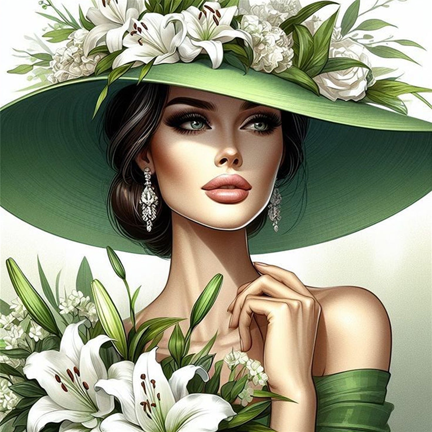 Green Lily Hat Lady - Full 11CT Stamped Cross Stitch 40x40CM - Huacan