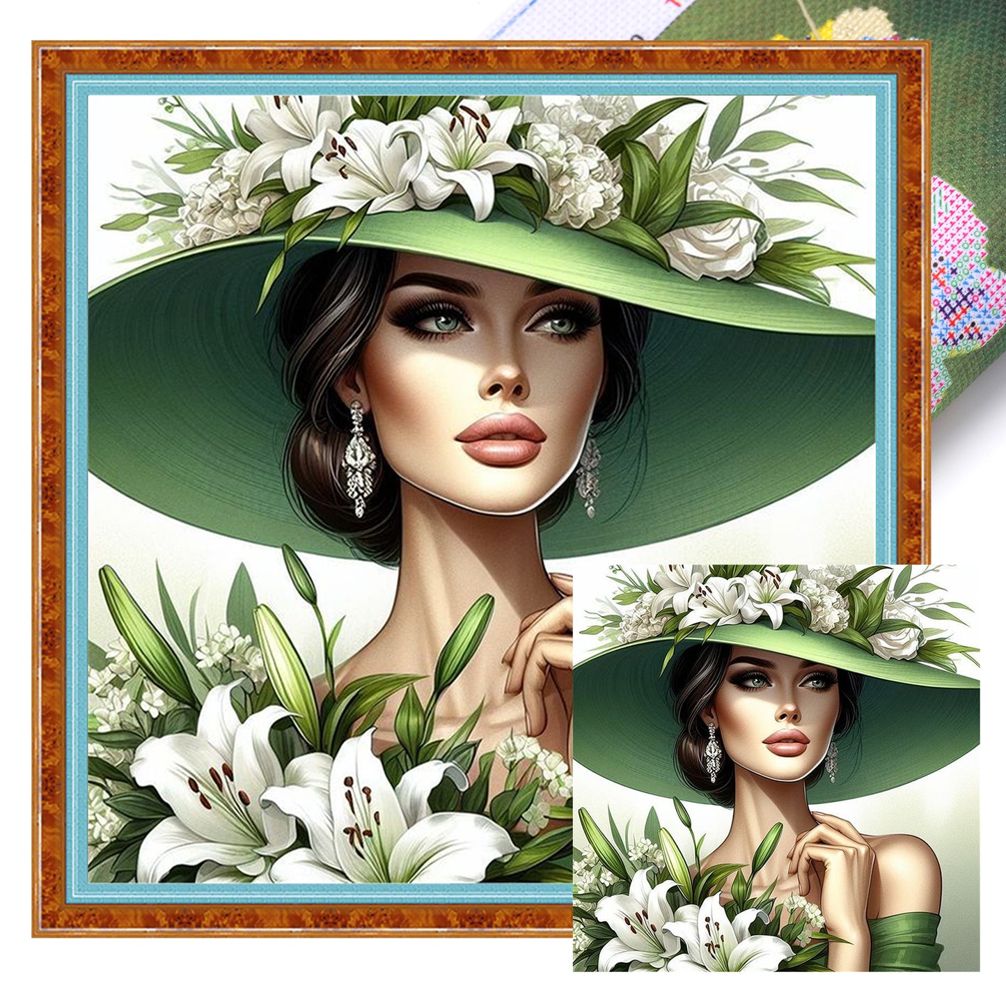 Green Lily Hat Lady - Full 11CT Stamped Cross Stitch 40x40CM - Huacan