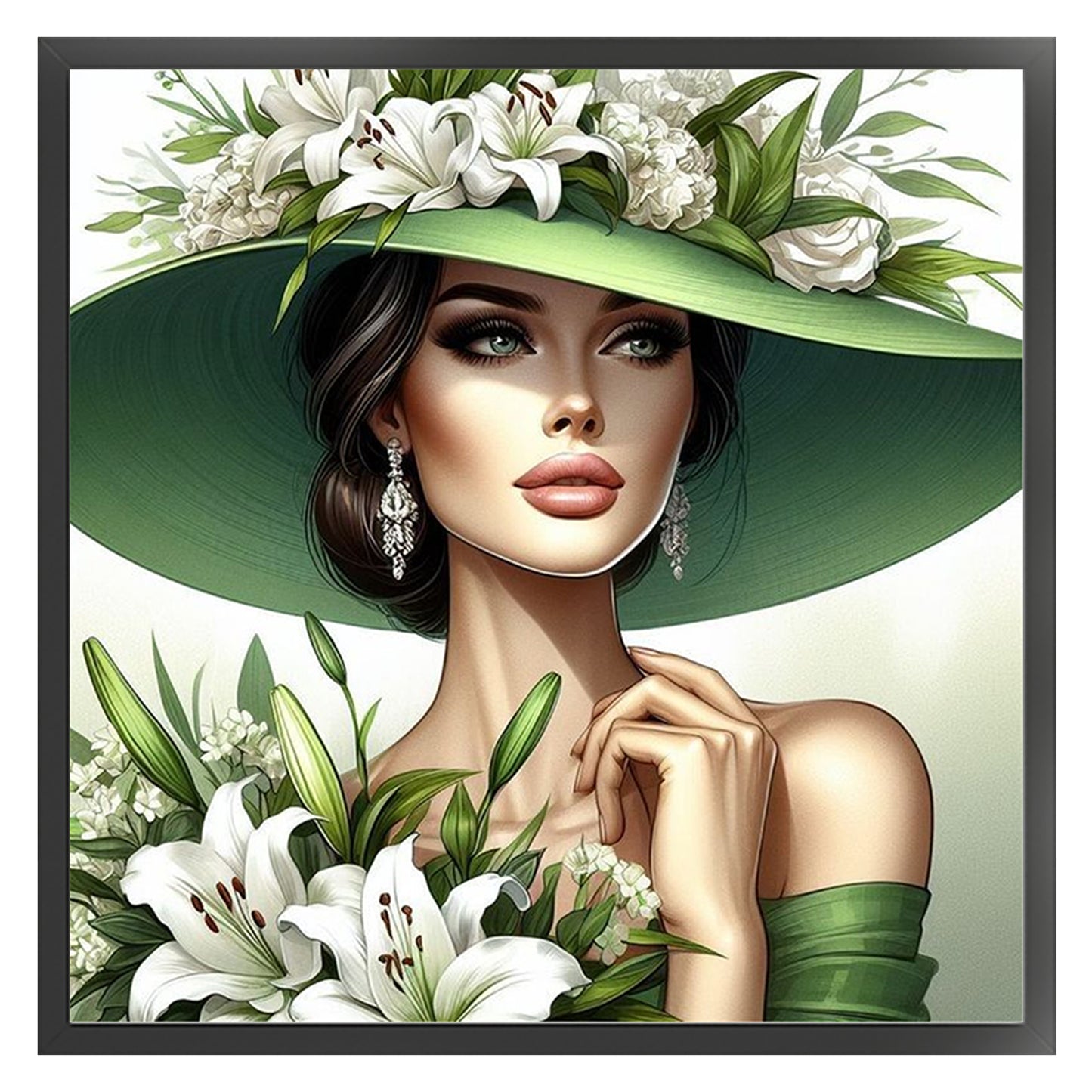 Green Lily Hat Lady - Full 11CT Stamped Cross Stitch 40x40CM - Huacan