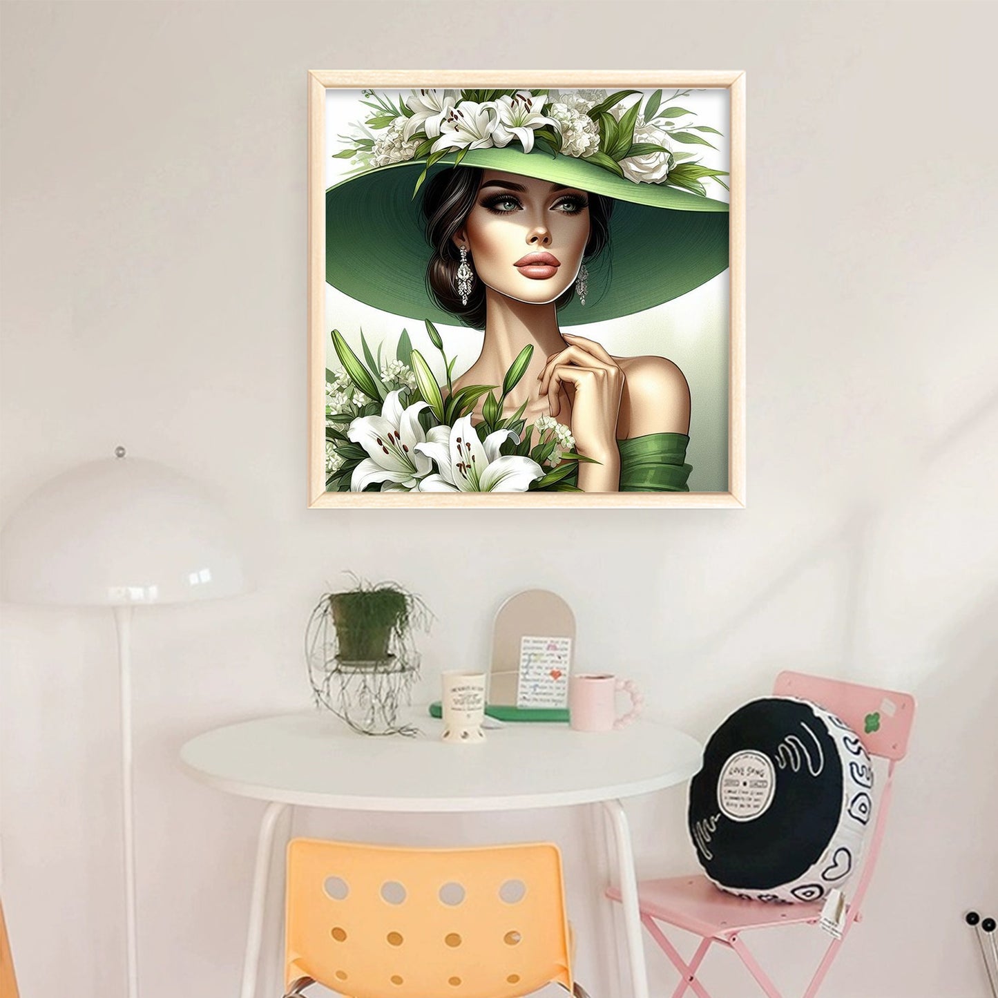 Green Lily Hat Lady - Full 11CT Stamped Cross Stitch 40x40CM - Huacan