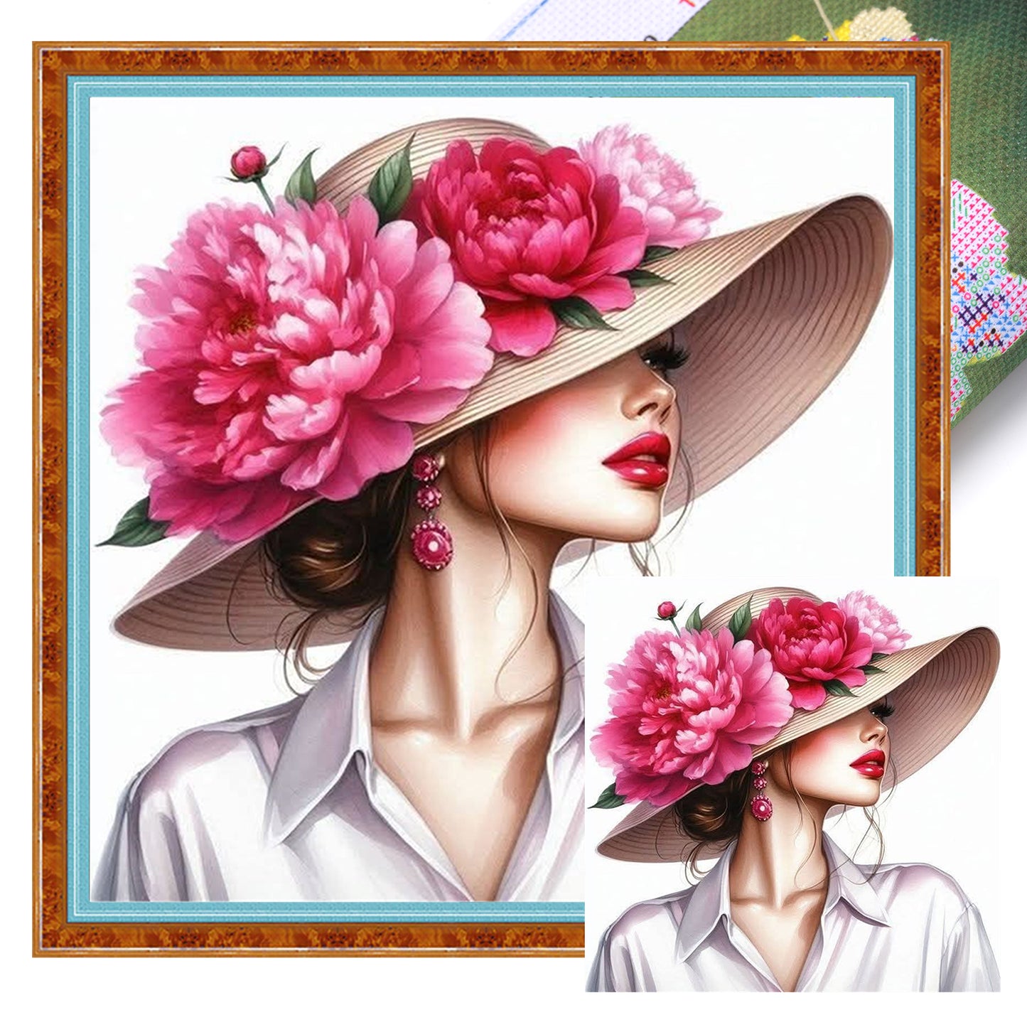 Peony Straw Hat Lady - Full 11CT Stamped Cross Stitch 40x40CM - Huacan