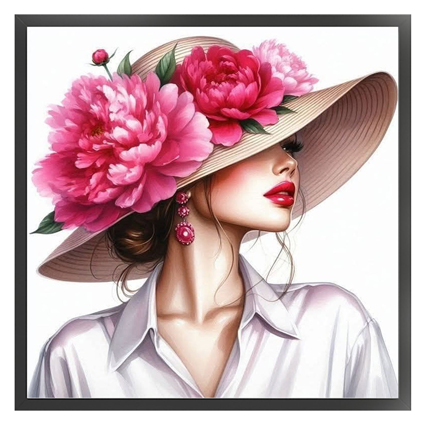 Peony Straw Hat Lady - Full 11CT Stamped Cross Stitch 40x40CM - Huacan