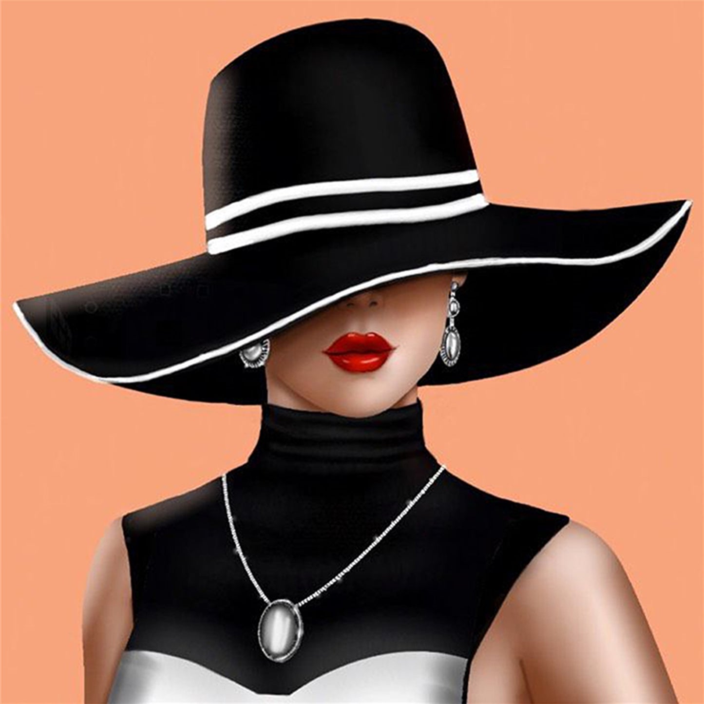 Black Striped Hat Lady - Full 11CT Stamped Cross Stitch 40x40CM - Huacan