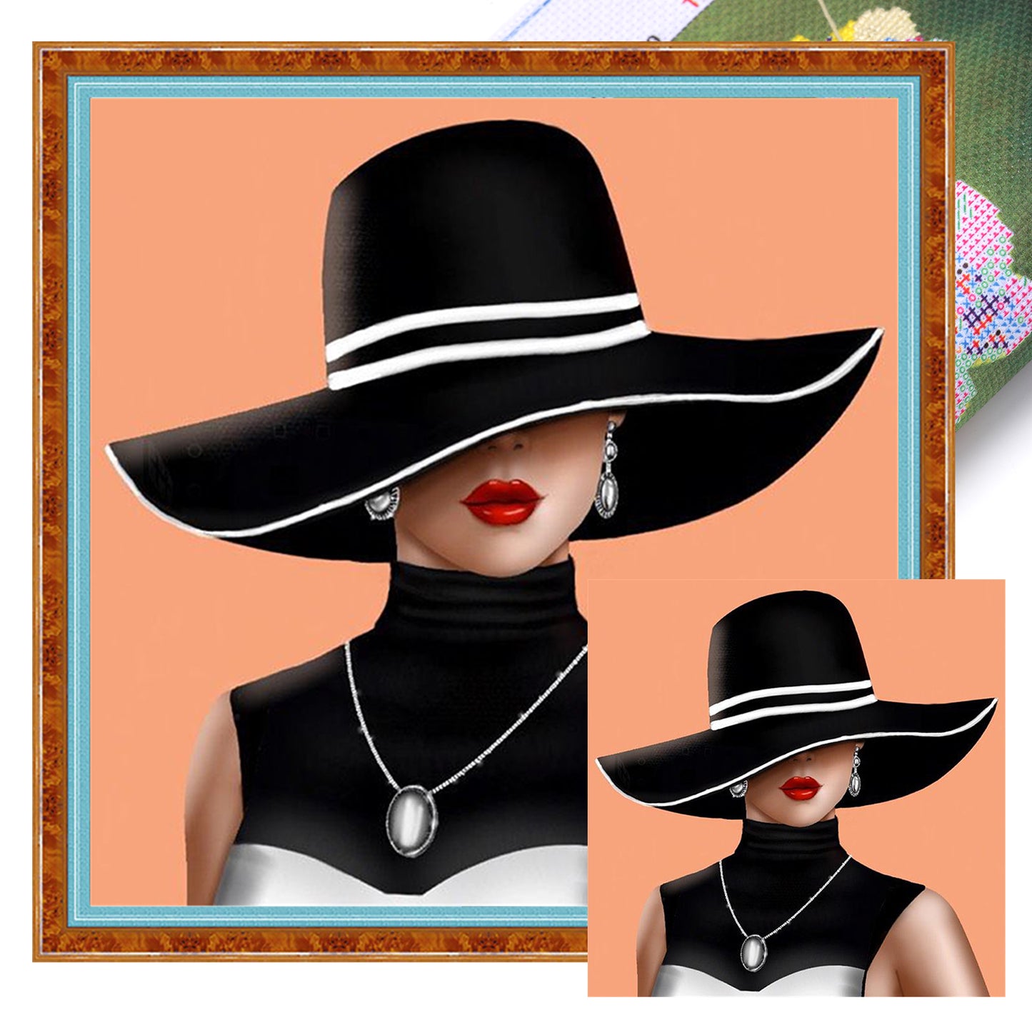 Black Striped Hat Lady - Full 11CT Stamped Cross Stitch 40x40CM - Huacan