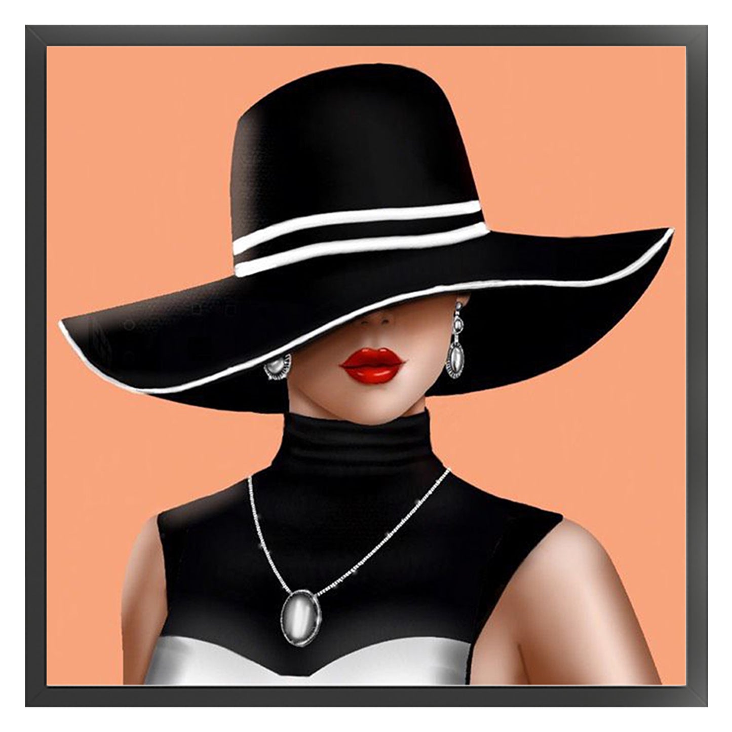 Black Striped Hat Lady - Full 11CT Stamped Cross Stitch 40x40CM - Huacan