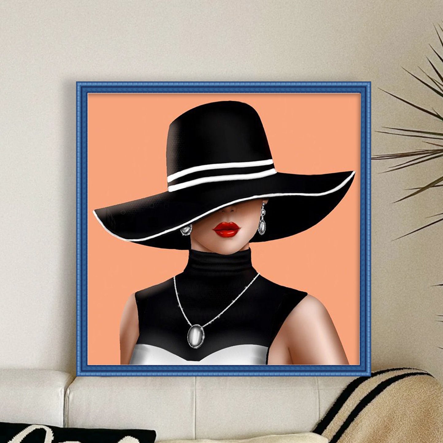 Black Striped Hat Lady - Full 11CT Stamped Cross Stitch 40x40CM - Huacan