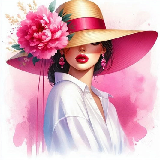 Beige Hat Peony Lady - Full 11CT Stamped Cross Stitch 40x40CM - Huacan