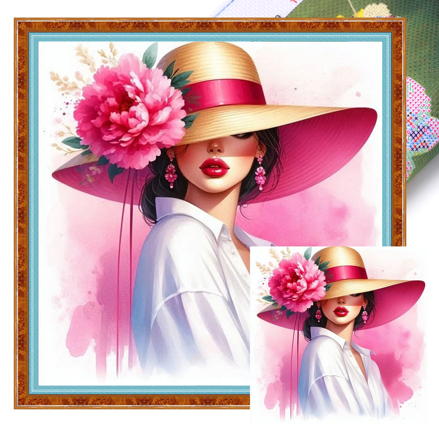 Beige Hat Peony Lady - Full 11CT Stamped Cross Stitch 40x40CM - Huacan