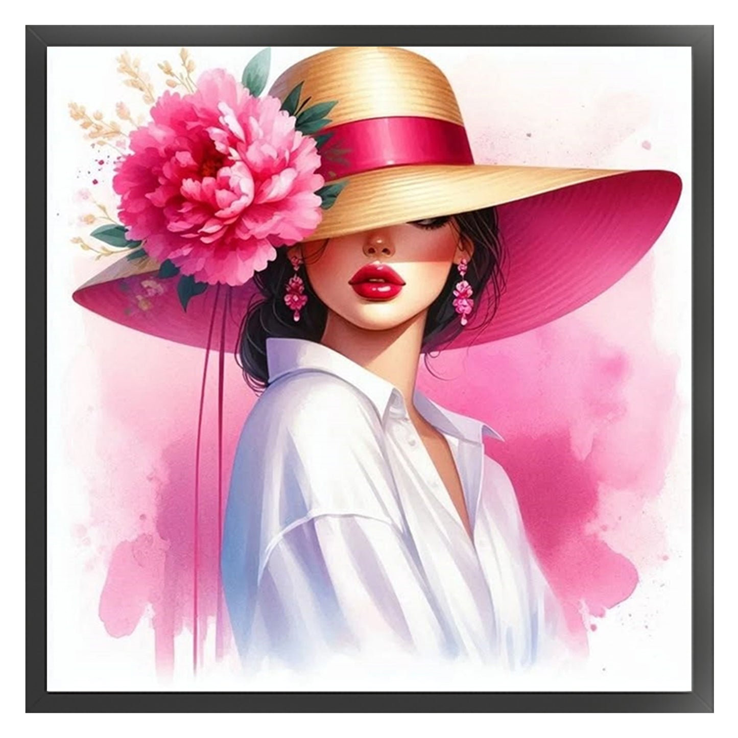Beige Hat Peony Lady - Full 11CT Stamped Cross Stitch 40x40CM - Huacan