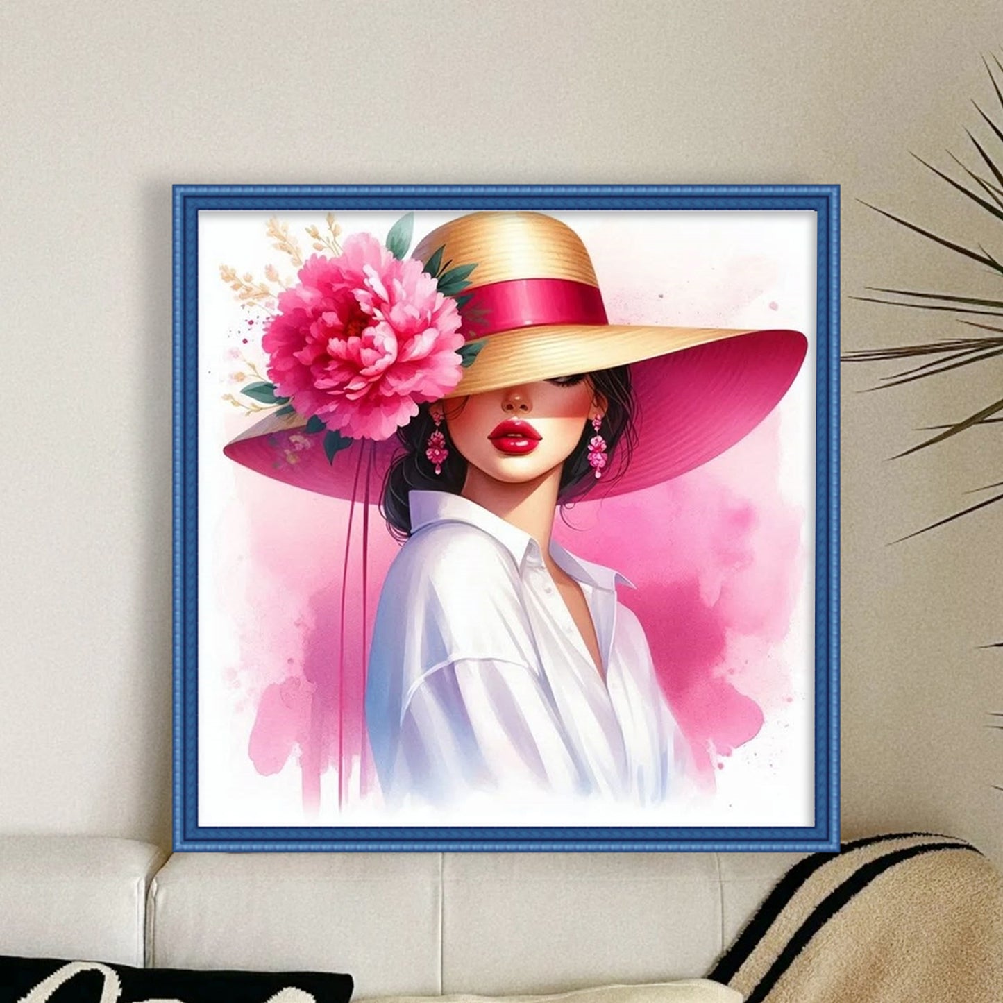 Beige Hat Peony Lady - Full 11CT Stamped Cross Stitch 40x40CM - Huacan