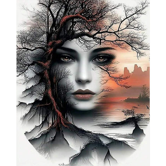 Sunset Mountain Lady - Full 11CT Stamped Cross Stitch 40x50CM - Huacan