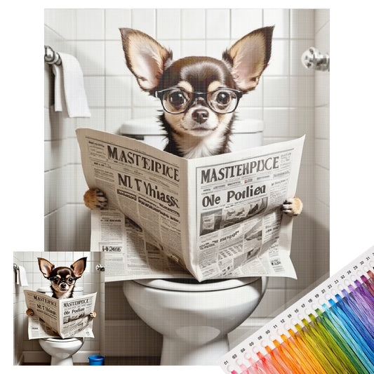 Chihuahua liest Zeitung mit Brille-Hund - Vollständiges 11CT gestempeltes Kreuzstich-Set 40x50CM - Huacan