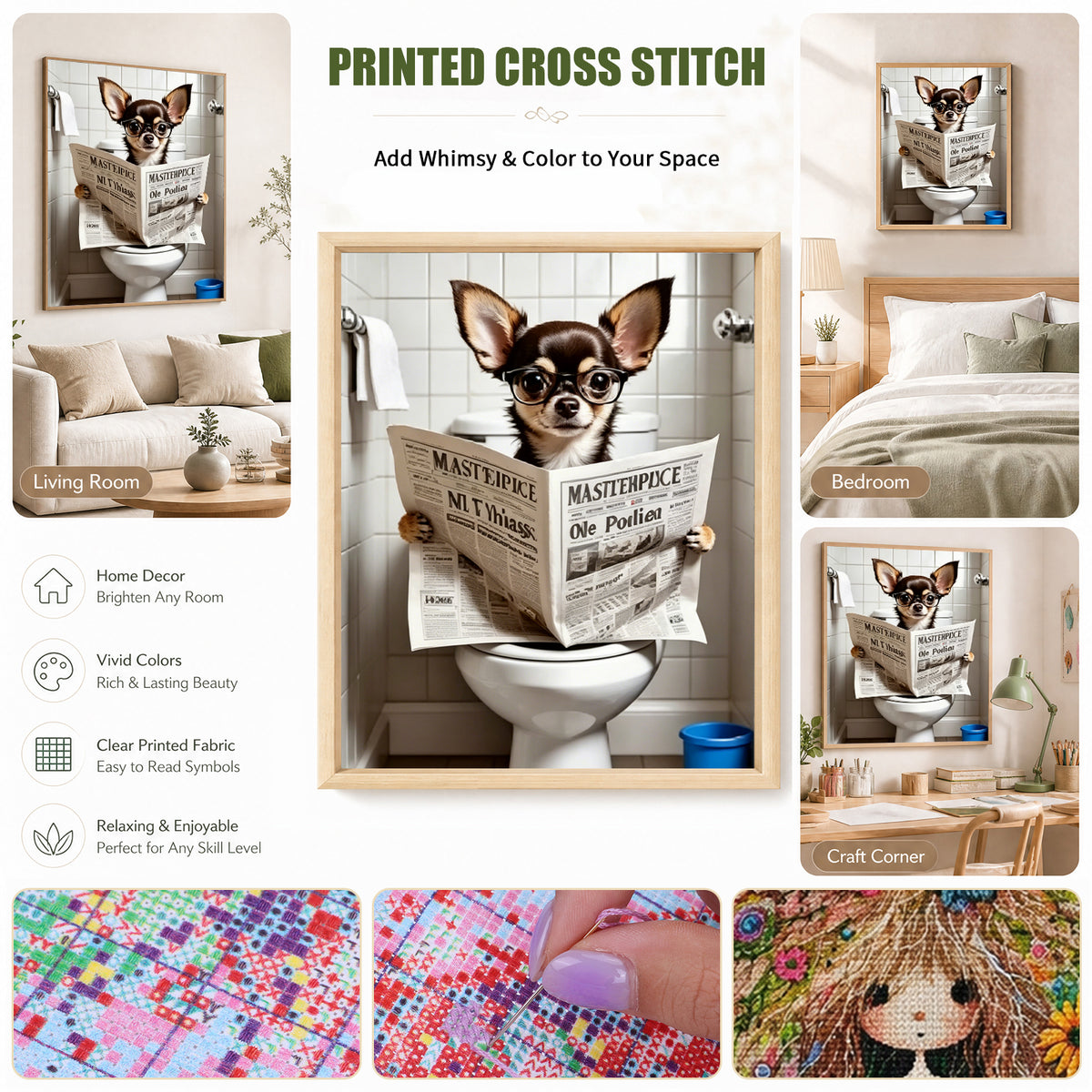 Chihuahua liest Zeitung mit Brille-Hund - Vollständiges 11CT gestempeltes Kreuzstich-Set 40x50CM - Huacan