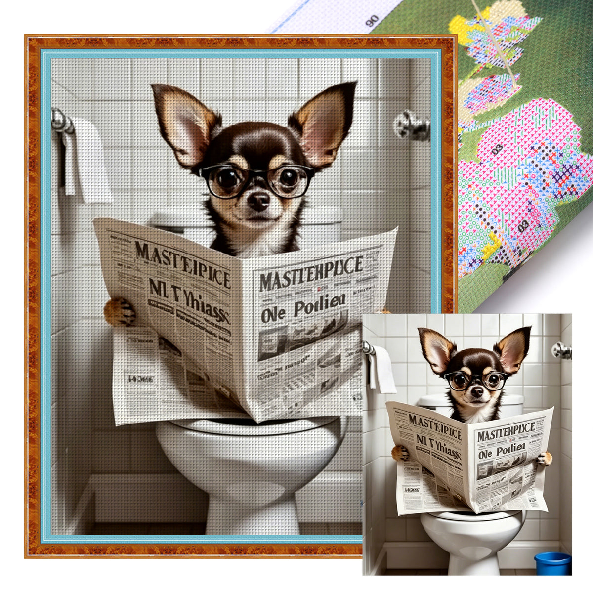 Chihuahua liest Zeitung mit Brille-Hund - Vollständiges 11CT gestempeltes Kreuzstich-Set 40x50CM - Huacan
