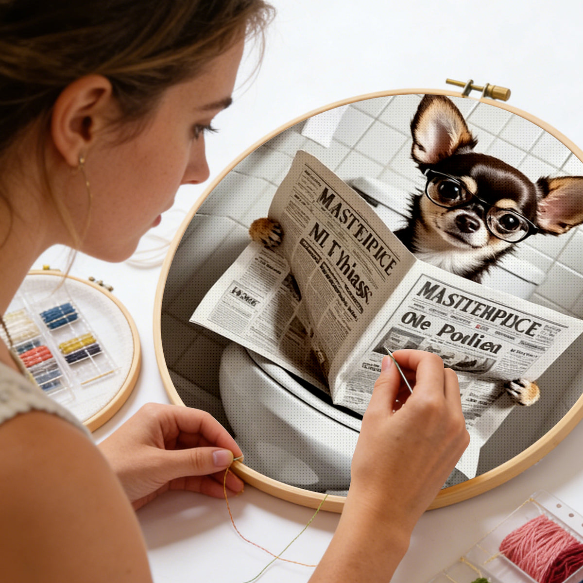Chihuahua liest Zeitung mit Brille-Hund - Vollständiges 11CT gestempeltes Kreuzstich-Set 40x50CM - Huacan