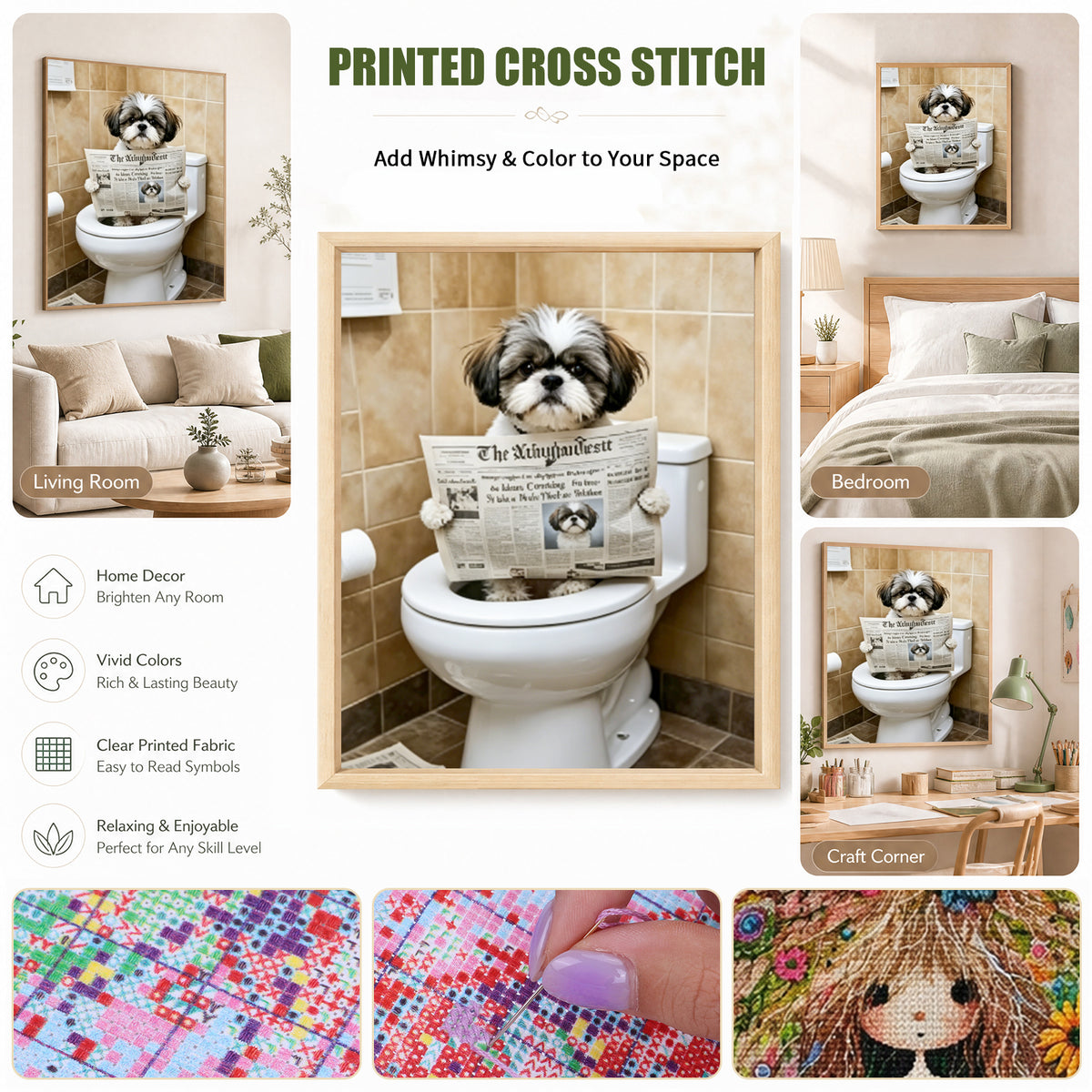 Shih Tzu liest auf der Toilette-Hund - Vollständiges 11CT gestempeltes Kreuzstich-Set 40x50CM - Huacan