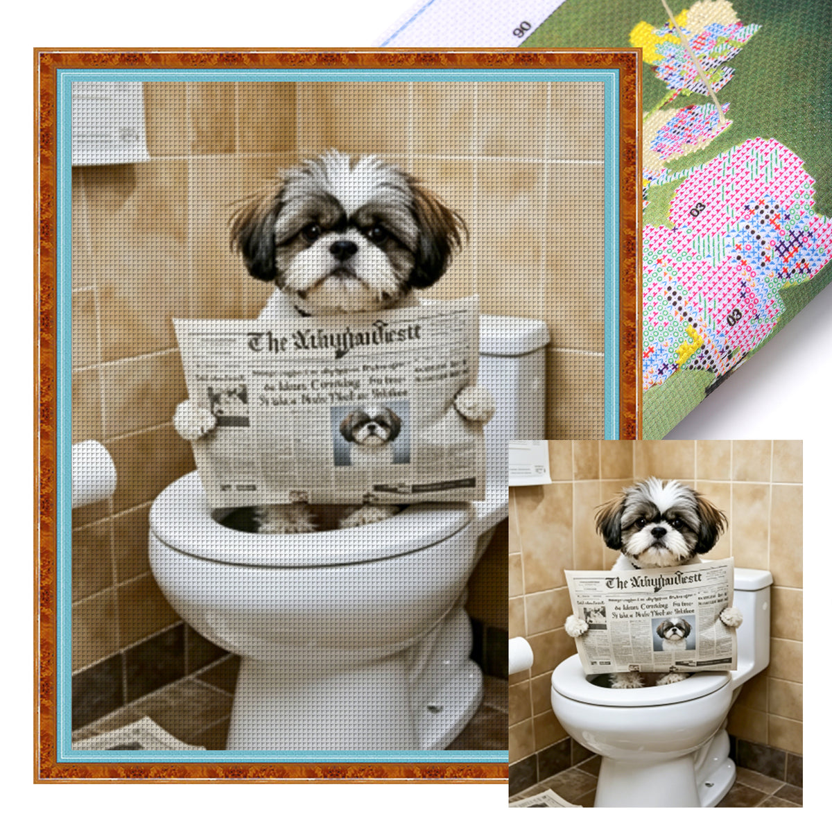 Shih Tzu liest auf der Toilette-Hund - Vollständiges 11CT gestempeltes Kreuzstich-Set 40x50CM - Huacan