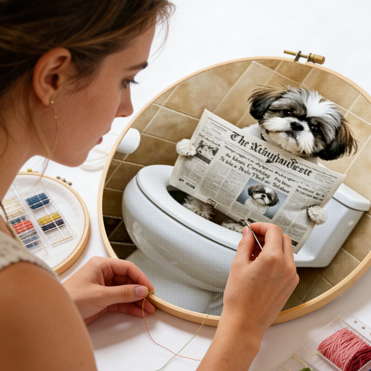 Shih Tzu liest auf der Toilette-Hund - Vollständiges 11CT gestempeltes Kreuzstich-Set 40x50CM - Huacan