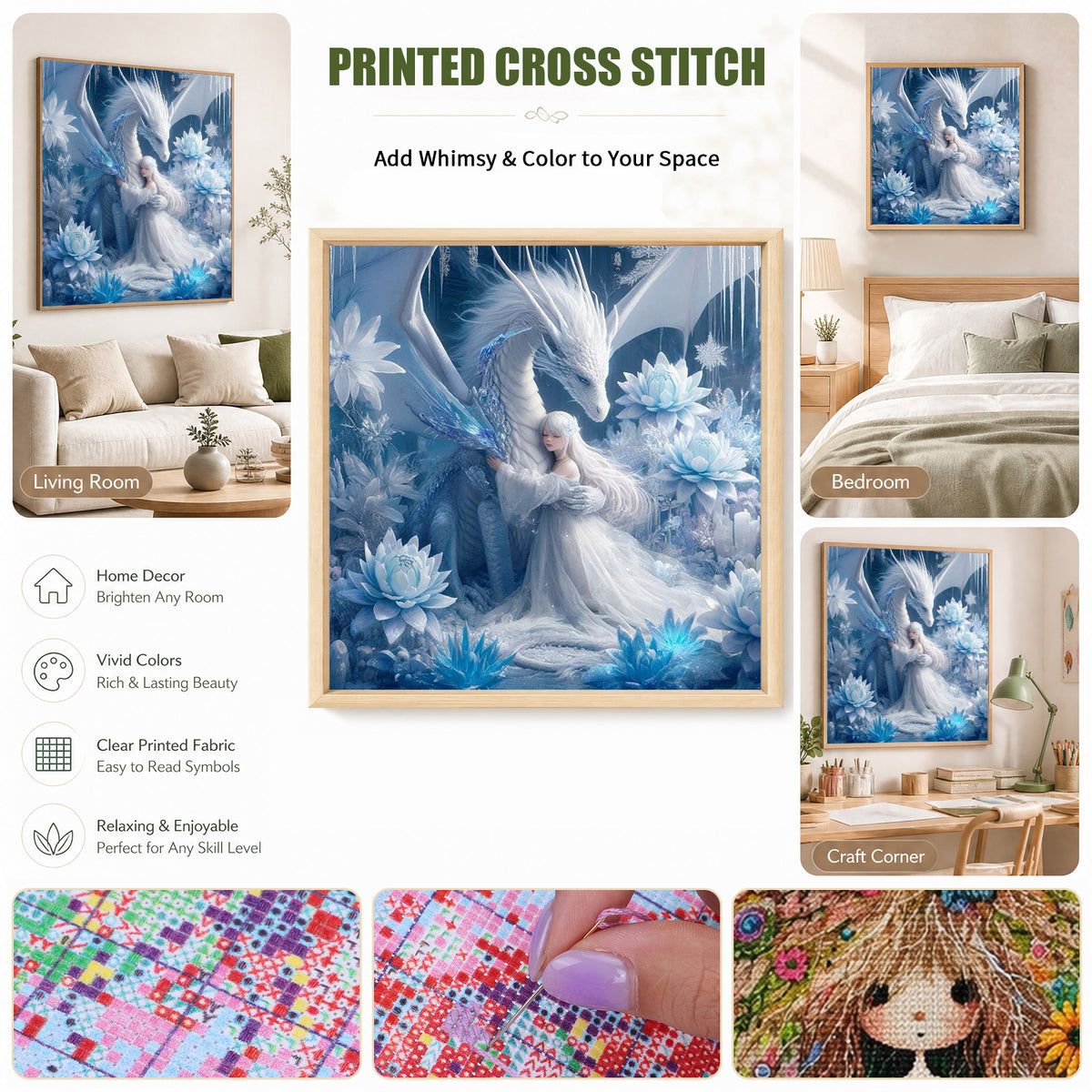 Girl And Ice Dragon - Full 11CT Stamped Cross Stitch 45x45CM - Huacan