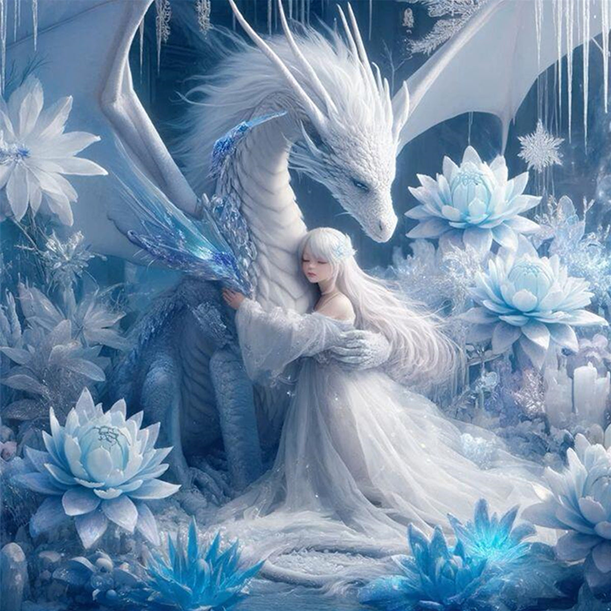 Girl And Ice Dragon - Full 11CT Stamped Cross Stitch 45x45CM - Huacan