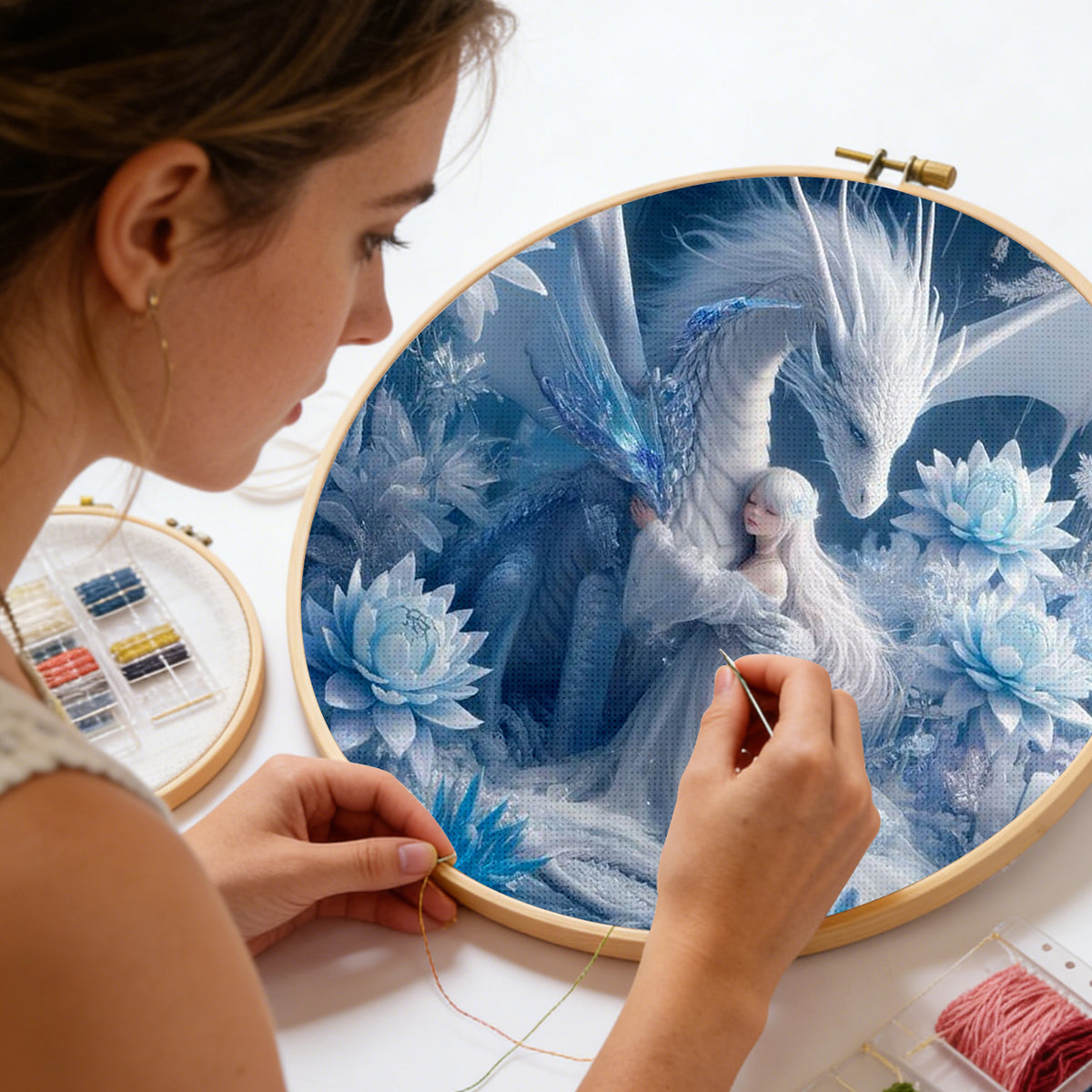 Girl And Ice Dragon - Full 11CT Stamped Cross Stitch 45x45CM - Huacan
