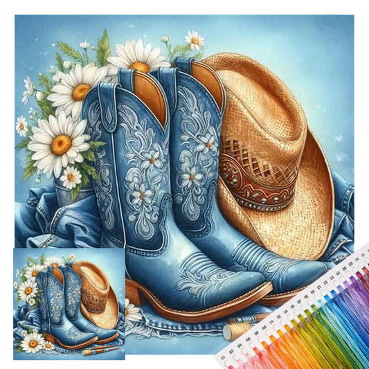 Cowboy-Stiefel mit amerikanischer Flagge – Vollständiges 11CT Stempel-Kreuzstich-Set 40x40 cm – Huacan