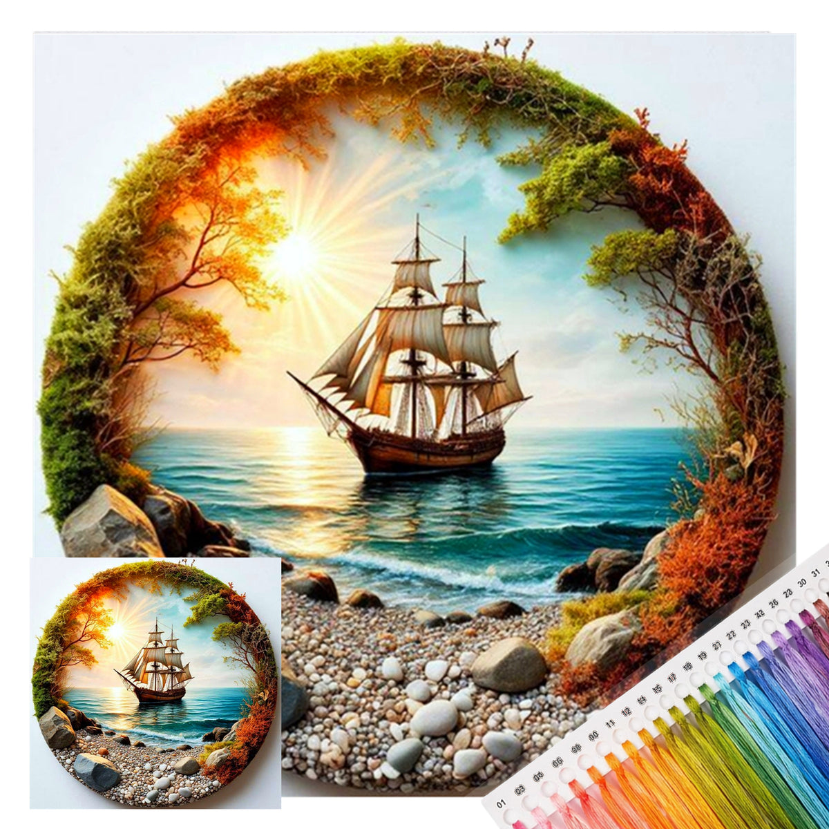 Segelboot im Morgenlicht - Vollständiges 14CT Stempel-Kreuzstichset 30x30CM - Huacan