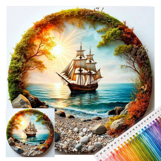Segelboot im Morgenlicht - Vollständiges 14CT Stempel-Kreuzstichset 30x30CM - Huacan