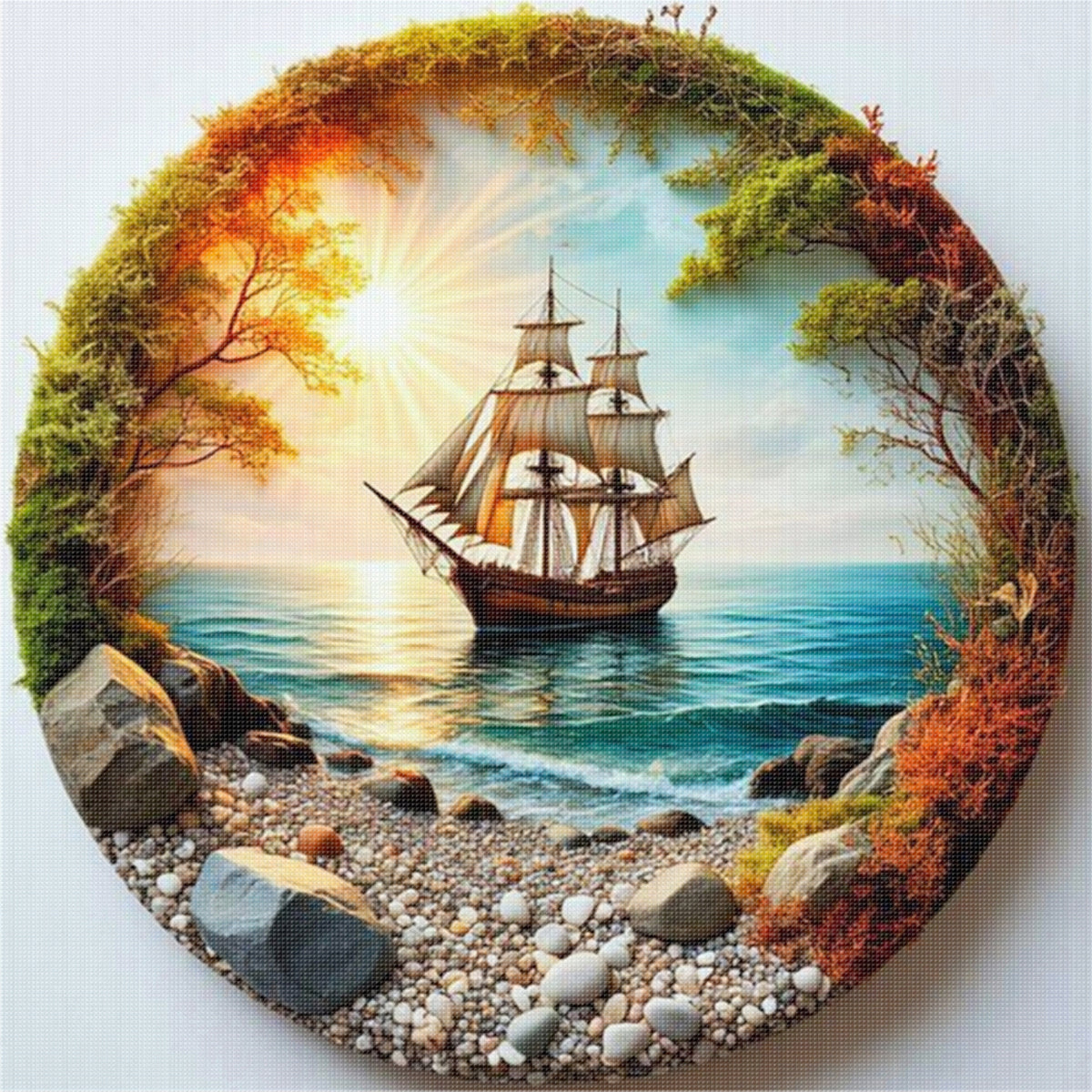 Segelboot im Morgenlicht - Vollständiges 14CT Stempel-Kreuzstichset 30x30CM - Huacan