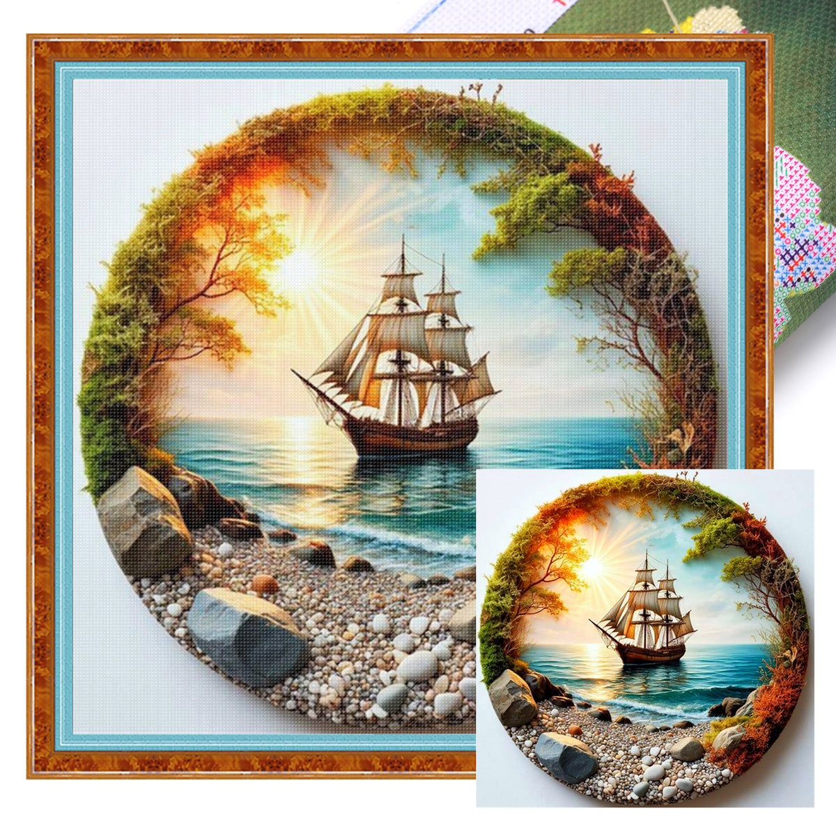 Segelboot im Morgenlicht - Vollständiges 14CT Stempel-Kreuzstichset 30x30CM - Huacan