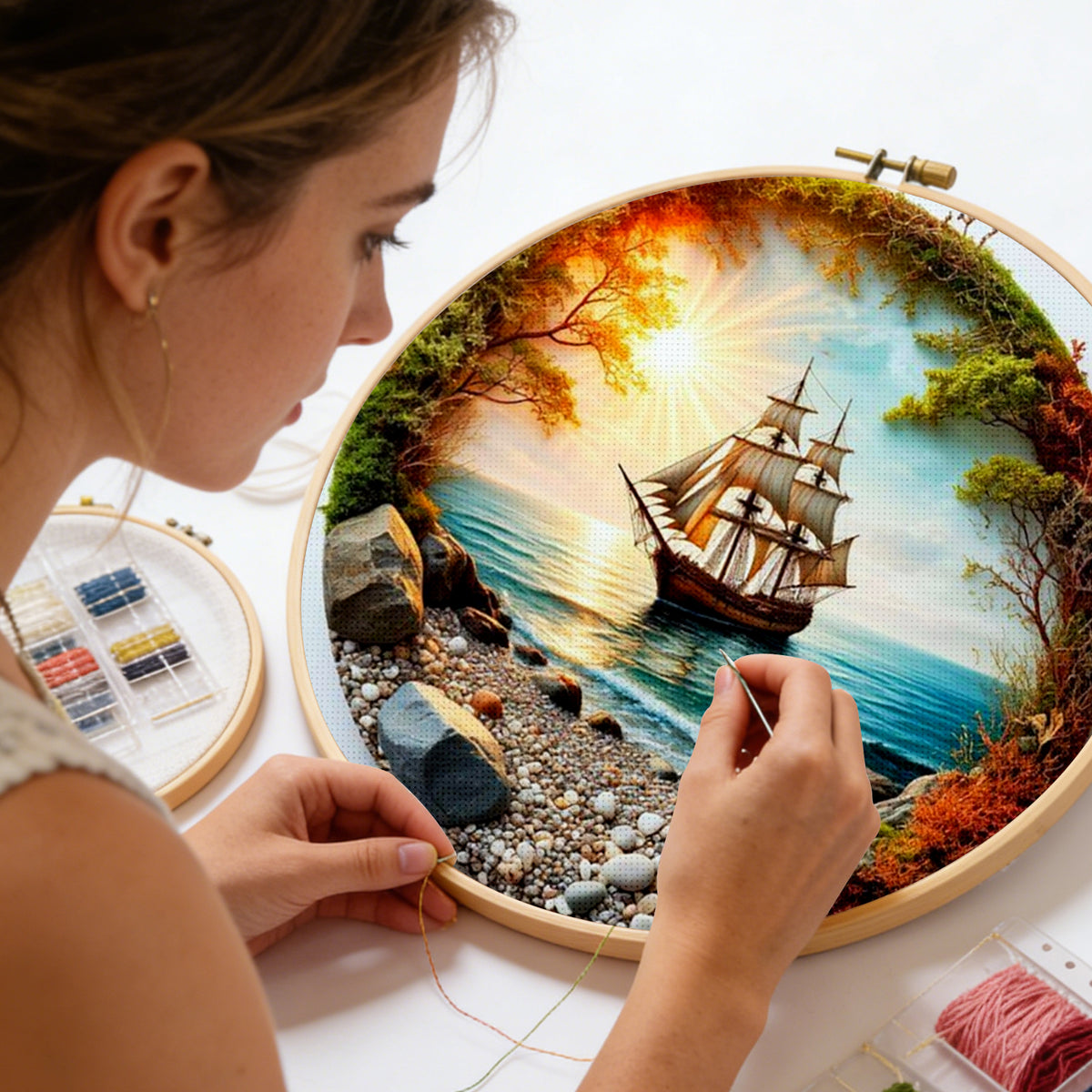 Segelboot im Morgenlicht - Vollständiges 14CT Stempel-Kreuzstichset 30x30CM - Huacan