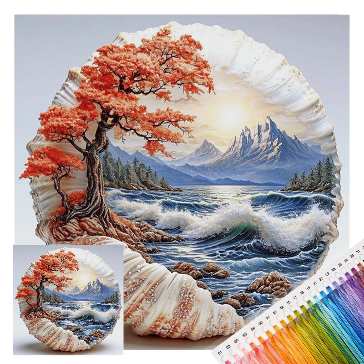 Berge und Meer in einer Muschel - Vollständiges 14CT gestempeltes Kreuzstich-Set 30x30CM - Huacan