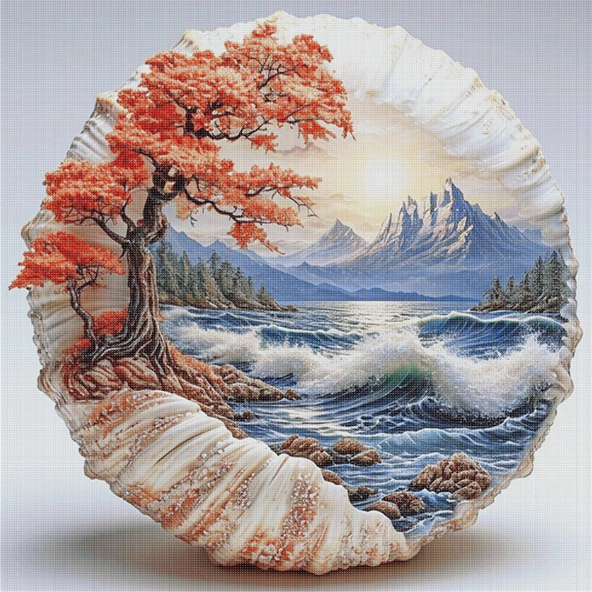 Berge und Meer in einer Muschel - Vollständiges 14CT gestempeltes Kreuzstich-Set 30x30CM - Huacan