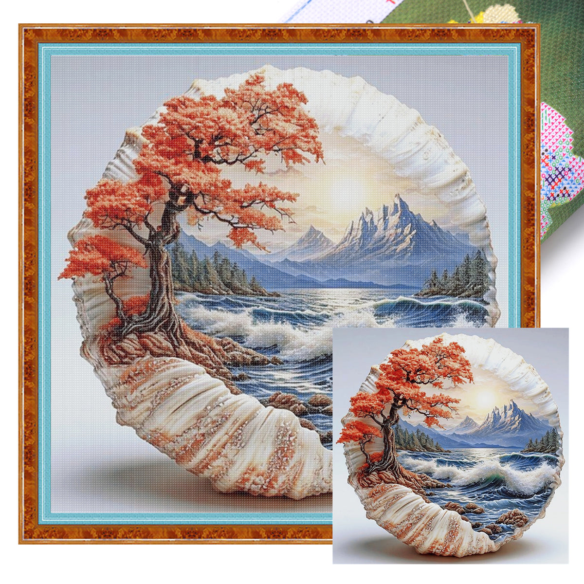 Berge und Meer in einer Muschel - Vollständiges 14CT gestempeltes Kreuzstich-Set 30x30CM - Huacan